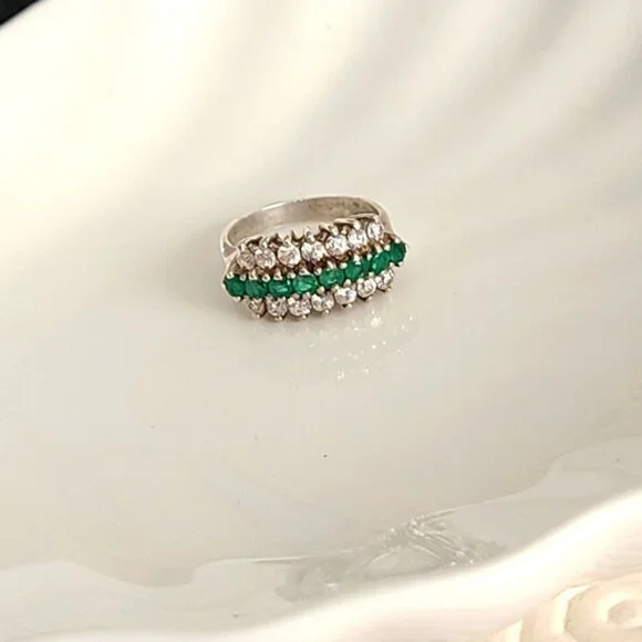 Vintage Boho 3 Row Crystal Natural Emerald Sterling Silver 925 Cocktail Ring 6.2 - Picture 3 of 9